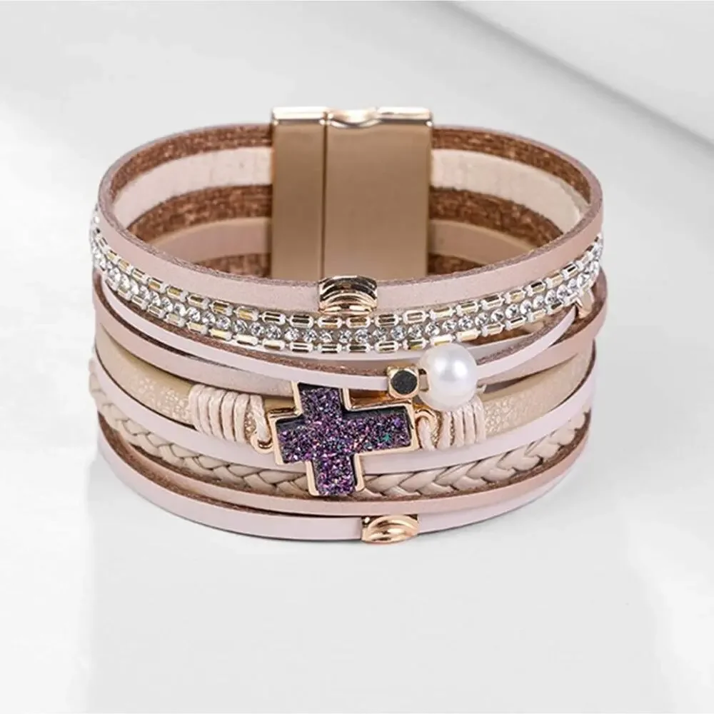 Cross Boho Multilayer Leather Wrap Cuff Bangle Bracelet - Picture 1 of 6